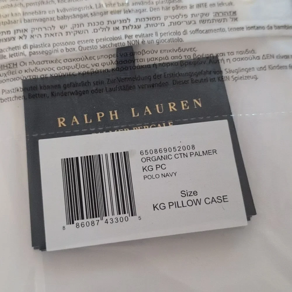 NWT Ralph Lauren Two King Pillow Case White Polo Navy Organic Cotton Palmer